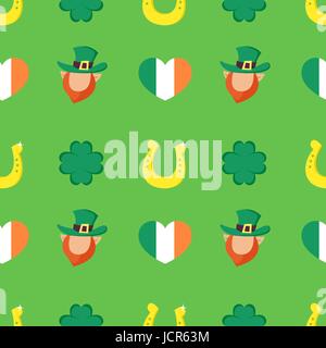 Vector seamless pattern with Four-leaf clover, golden horseshoe, heart shaped flag of Ireland and Leprechaun. Stock Vector