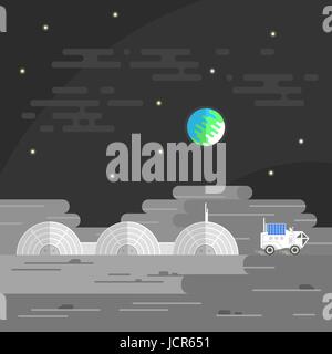 Vector illustration of human base on Moon. Stock Vector