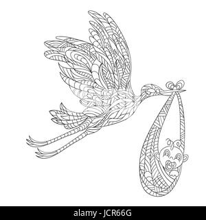 Vector illustration of hand drawn zentagle illustration of stork carrying a newborn child. High details isolated on white background. Boho style. Bird Stock Vector