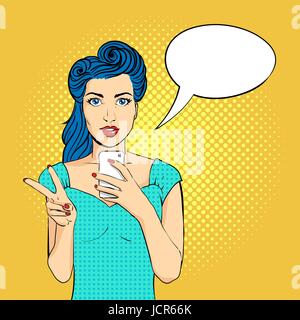 Vector pop art woman face with open mouth holding a phone in her hands. Victory gesture. Retro style. Stock Vector