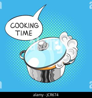 Vector hand drawn pop art illustration of pan with a steam pulled out from the glass lid. Speech bubble with the words 'Cooking time' in it. Retro sty Stock Vector