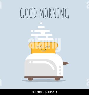 Vector illustration of toaster with happy bread. Good morning poster. Illustration for print, web. Stock Vector