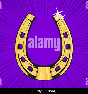 Vector pop art illustration of golden horseshoe. Symbol of luck, prosperity and success. Retro style. Stock Vector