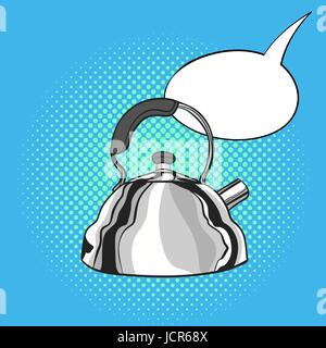 Vector hand drawn pop art illustration of kettle. Empty speech bubble. Retro style. Hand drawn sign. Illustration for print, web. Stock Vector