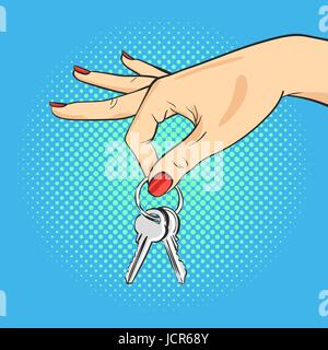 Vector hand drawn pop art illustration of hand holding keys. Retro style. Hand drawn sign. Illustration for print, web. Stock Vector