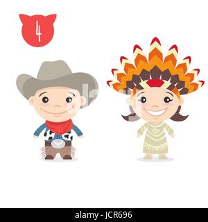 Vector illustration of two happy cute kids characters. Boy in cowboy costume and a girl in Indian Native American costume. Stock Vector