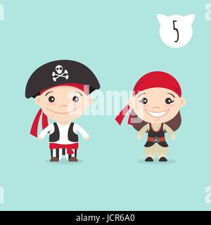 Vector illustration of two happy cute kids characters. Boy and girl in pirate costumes. Stock Vector