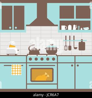 Vector illustration of kitchen with furniture. Kitchen utensils,cooker, kitchen furniture, toaster. Food cooking room. Flat style for web, analytics,  Stock Vector