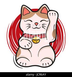 Vector illustration of maneki neko. Japanese lucky cat fortune symbol cartoon kitty toy. Symbol of luck, prosperity and success. Stock Vector