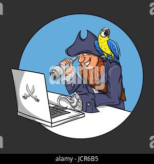 Vector illustration of pirate sitting in front of the computer looking through a Spyglass into the monitor. parrot sitting on the pirate's shoulder. C Stock Vector