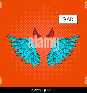 Vector hand drawn pop art illustration of devil wings and devil horns at the top. Retro style. Hand drawn sign. Illustration for print, web. Stock Vector
