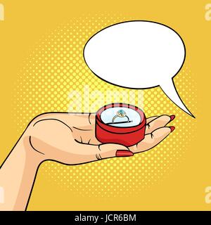Vector hand drawn pop art illustration of woman hand holding Engagement Ring Box. Gold ring with diamond. Empty speech bubble. Retro style. Hand drawn Stock Vector