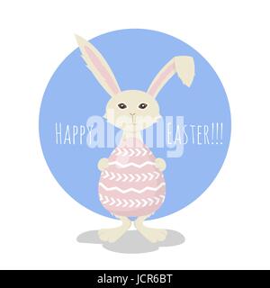 Vector illustration or greeting card with Cute White Easter Bunny holding Pink Easter Egg. Stock Vector