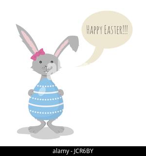 Vector illustration of Cute Grey Easter Bunny holding Blue Easter Egg. Speech bubble and the words 'Happy Easter' in it. Stock Vector