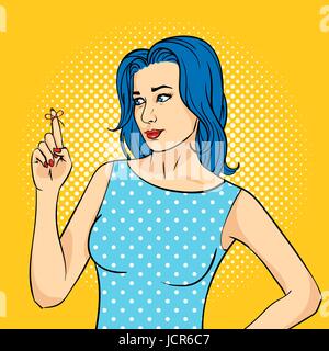 Vector hand drawn pop art illustration of young woman with the Reminder String on the finger. Retro style. Hand drawn sign. Illustration for print, we Stock Vector