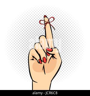 Vector hand drawn pop art illustration of hand with the Reminder String on the finger. Retro style. Hand drawn sign. Illustration for print, web. Stock Vector