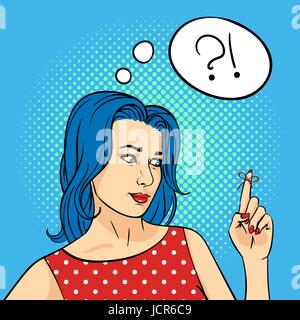 Vector hand drawn pop art illustration of young woman with the Reminder String on the finger. Retro style. Think bubble. Hand drawn sign. Illustration Stock Vector