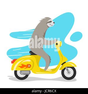 Vector illustration of happy cute sloth riding on scooter. Retro style transport, vintage looking moped. Vector print for t-shirt or poster design. Stock Vector