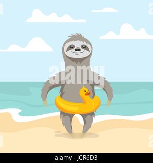 Vector illustration of happy cute sloth on the beach. Summer vacation. Yellow duck inflatable circle. Vector print for t-shirt or poster design. Stock Vector
