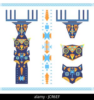 Vector illustration of tribal totem with the heads of deer, owl and wolf, animal icons. Stock Vector