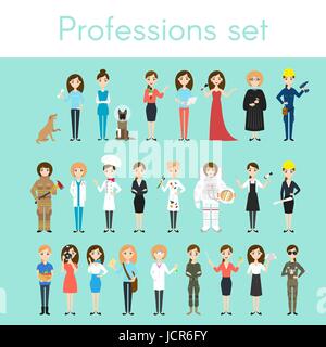 Vector set of different colorful woman professions. Cartoon women characters. Doctor, volunteer, firefighter, waiter, judge, programmer, artist, pilot Stock Vector