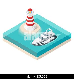 Vector illustration of isometric yacht and a lighthouse on tropical island. Summer vacation. Stock Vector