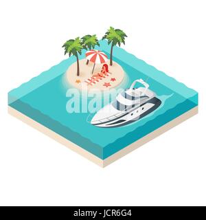 Vector illustration of isometric yacht and tropical island. Beautiful woman resting on the beach. Summer vacation. Stock Vector