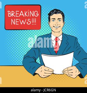 Vector hand drawn pop art illustration of anchorman holding piece of paper in his hands. Concept of breaking news. Retro style. Hand drawn sign. Illus Stock Vector