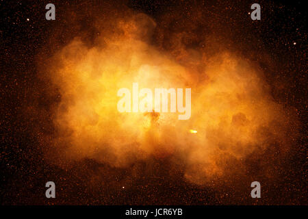 Huge, extremely hot explosion with sparks and hot smoke, against black background Stock Photo