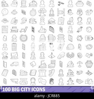 100 big city icons set, outline style Stock Vector