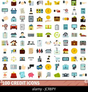 100 credit icons set, flat style Stock Vector
