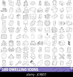 100 dwelling icons set, outline style Stock Vector