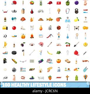 100 healthy lifestyle icons set, cartoon style Stock Vector