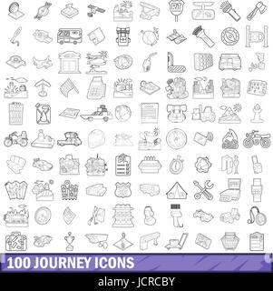 100 journey icons set, outline style Stock Vector