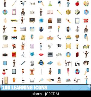 100 learning icons set, cartoon style Stock Vector