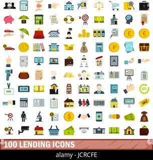100 lending icons set, flat style Stock Vector
