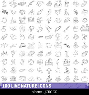100 live nature icons set, outline style Stock Vector