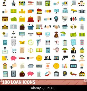 100 loan icons set, flat style Stock Vector
