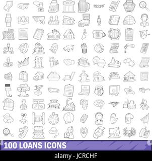 100 loans icons set, outline style Stock Vector