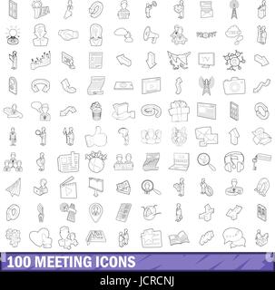 100 meeting icons set, outline style Stock Vector