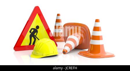 Work in progress concept. Traffic cones and sign and hard hat on white background. 3d illustration Stock Photo