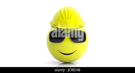 Safety concept. Emoticon wearing a hard hat on white background. 3d illustration Stock Photo