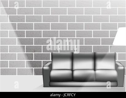Living room interior with white sofa and stone block in black and white style - Vector Illustration Stock Vector