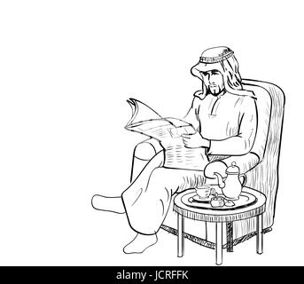 Arab Man read news paper on sofa in living room with tea set, have space for text, Character design - Line Drawn Vector Stock Vector