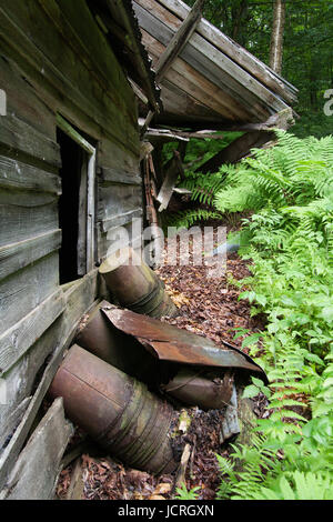 Old sugar house in the woods. Abandoned sugar shack in the forest. Stock Photo