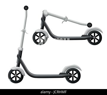 Roller scooter set. Balance bikes. Different scooters eco alternative city transport. Flat design biking and rolling wheels. Vector kick scooter colle Stock Vector
