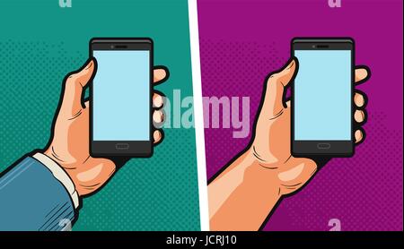 Smartphone, mobile phone in hand. Comics style design. Cartoon vector illustration Stock Vector