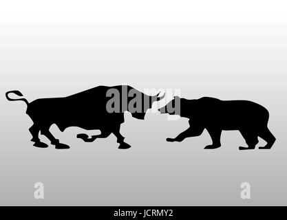 Vector black silhouette bull and bear financial icons depicting the market trends Stock Vector