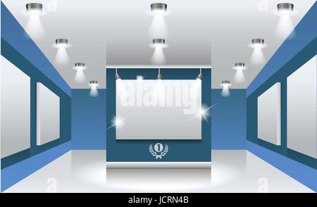 interiors. Exhibition hall with white frames on the wall, illuminated by floodlights. Part of set. Stock Vector
