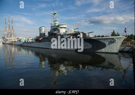 Museum ship ORP Blyskawica a Grom class destroyer which served in the Polish Navy during World War II and museum ship Dar Pomorza a Polish full-rigged Stock Photo